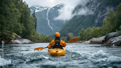 Kayaker Paddling The Rapids of A Beautiful Mountain River. Generative AI. © Andy Dean