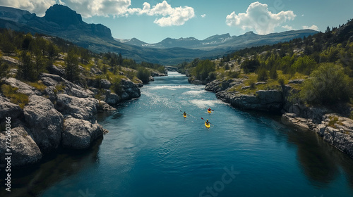 Aerial View of Kayakers Paddling Along a Beautiful Mountain River. Generative AI. © Andy Dean