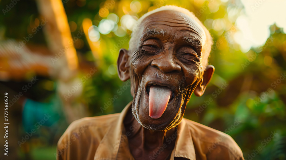 happy old black grandpa sticking tongue out