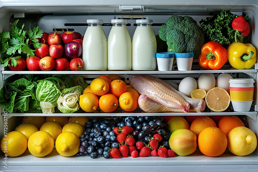A full refrigerator with colorful fruits and vegetables, milk bottles, and eggs on the shelves.
