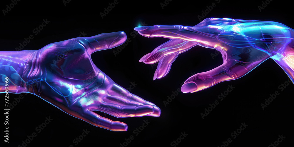 Two holographic human hands reaching towards each other against a dark background