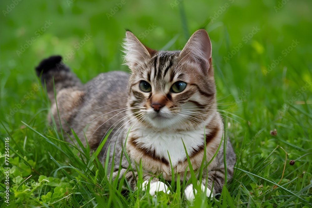 Adorable cat enjoys a leisurely moment on the lush grass