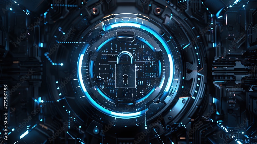 Cyberspace security with lock and password for technology with holographic effects and blue neon lines background