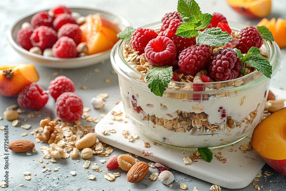 A white wooden table with a white tray and a glass jar of muesli, fruit salad, and nuts on it.