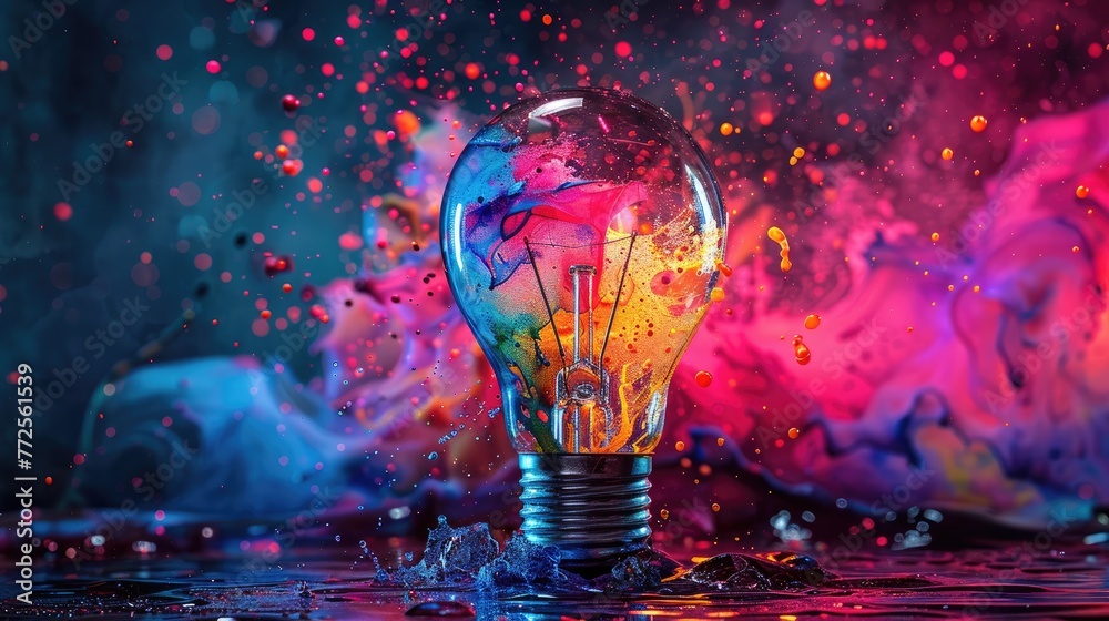 Creative light bulb explodes with colorful paint and splashes - obrazy, fototapety, plakaty 