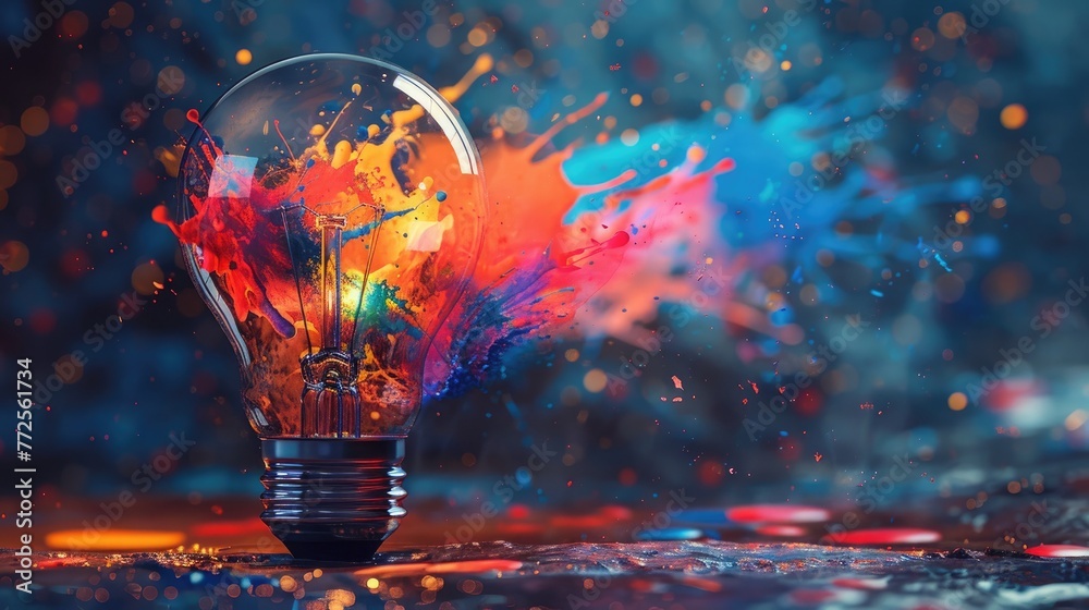 Creative light bulb explodes with colorful paint and splashes Creative light bulb explodes with colorful paint and splashes