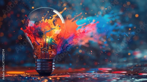 Creative light bulb explodes with colorful paint and splashes © positfid