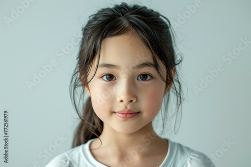 A young girl with dark hair and a white shirt