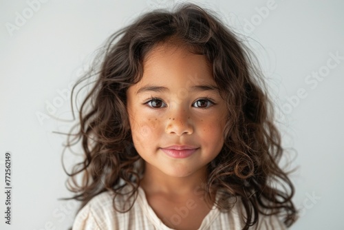 A young girl with brown hair and a smile on her face