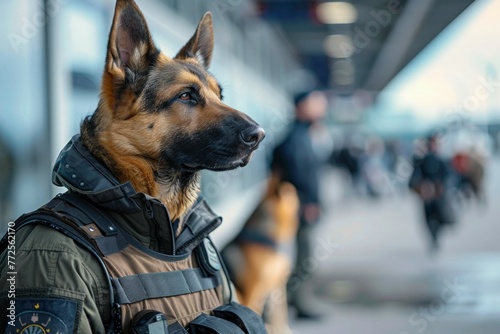 A dog in a uniform stands in front of a crowd of people
