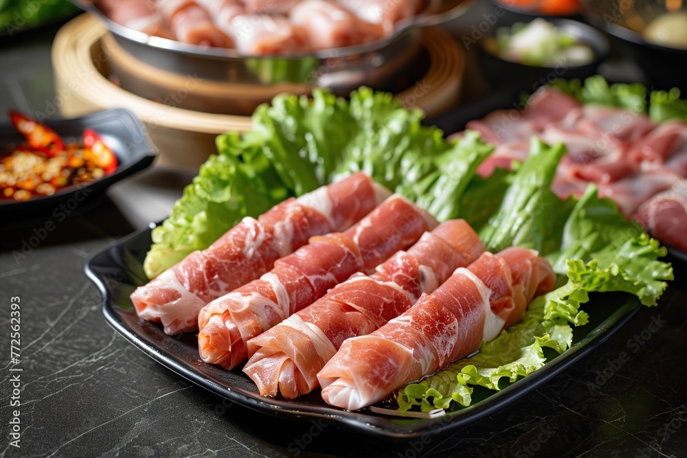 Beef rolls and vegetables on plate, served on the table. A dish that is fiber with calories and nutrition. Beef rolls and vegetables on plate, served on the table. A dish that is fiber with calories and nutrition.