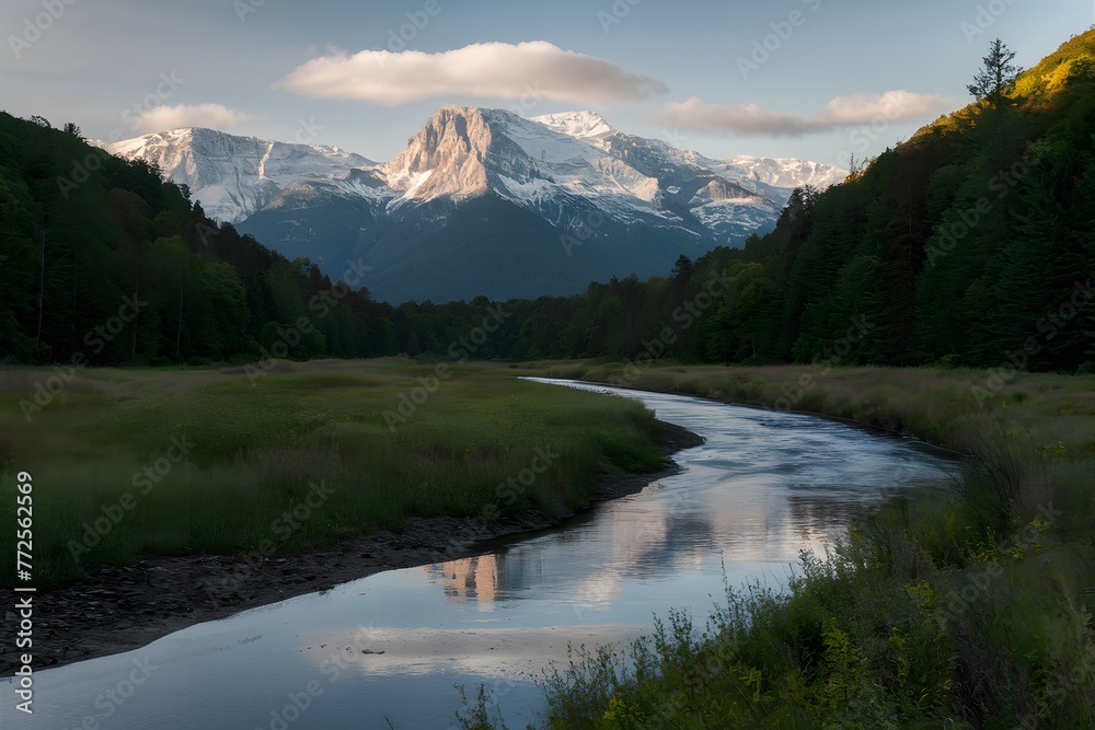 Beautiful morning scenery of river and mountain