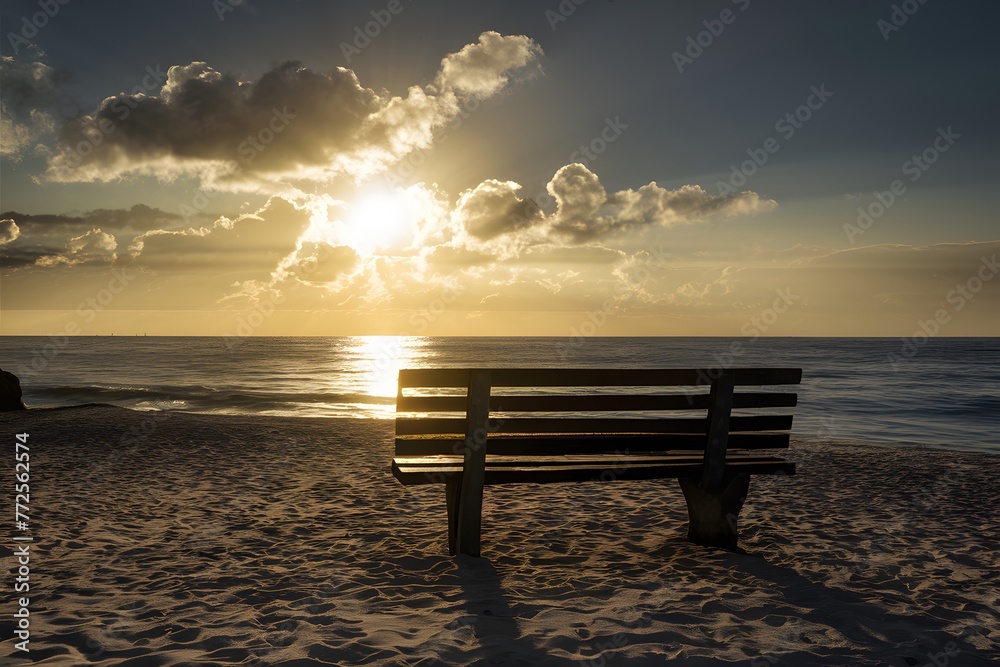 Bench bathed in sunlight offers a serene spot on the beach