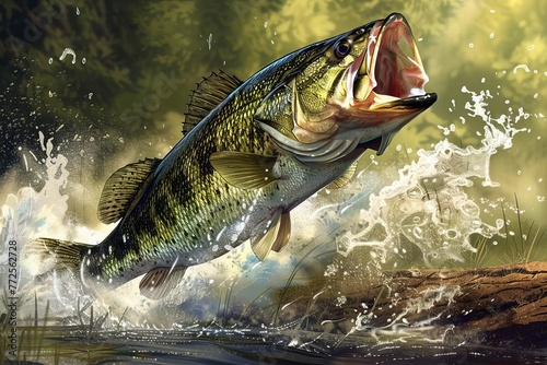 Largemouth Bass Leaping Out of Water, Realistic Illustration of Freshwater Game Fish, Digital Painting
