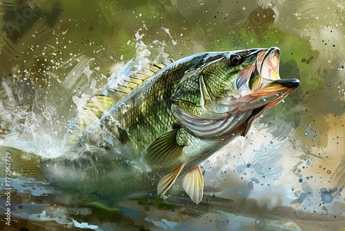 Largemouth Bass Leaping Out of Water, Realistic Illustration of Freshwater Game Fish, Digital Painting