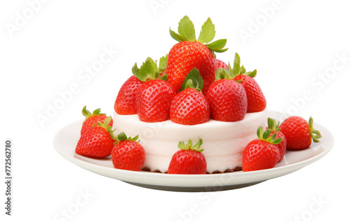 A white plate holds a cake topped with fresh strawberries