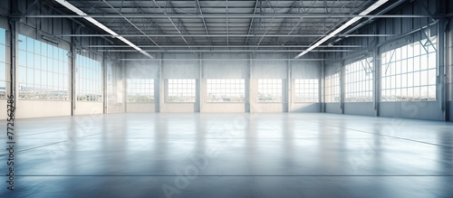 The background of an empty warehouse or a spacious industrial building. Factory or warehouse or industrial building. 3d illustration.
