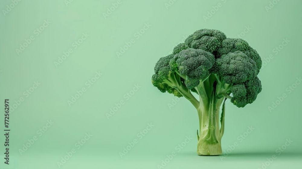Broccoli cabbage on a colored background. A perfect sprig of fresh broccoli. Fresh harvest, the concept of healthy eating and vegetarianism. - obrazy, fototapety, plakaty 