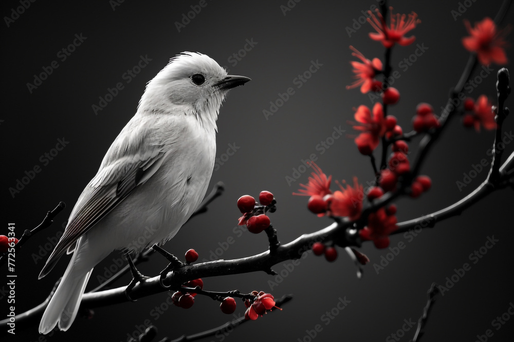 a white bird on a flowering branch with red flowers.