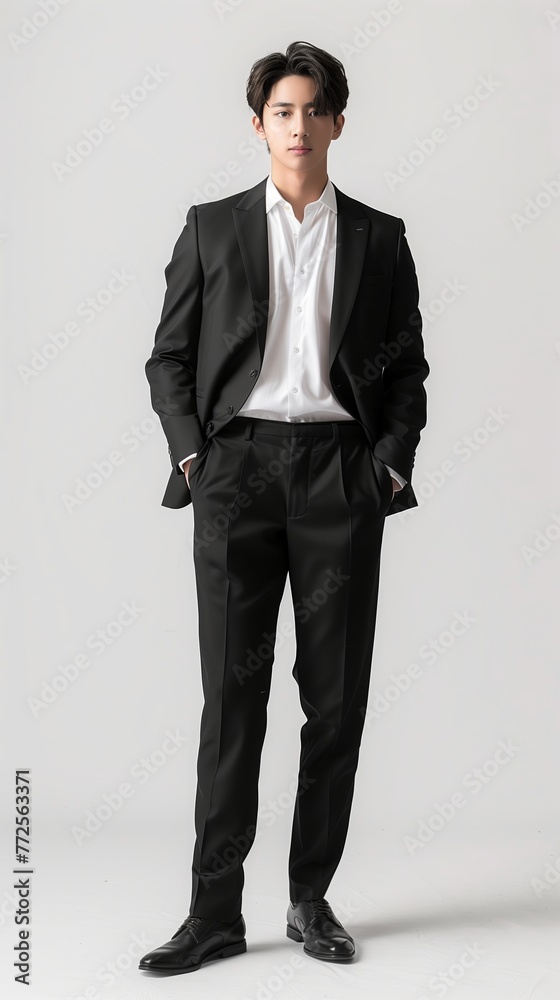 Young Asian businessman in black suit isolated on white background, full body. Young Asian businessman in black suit isolated on white background, full body.