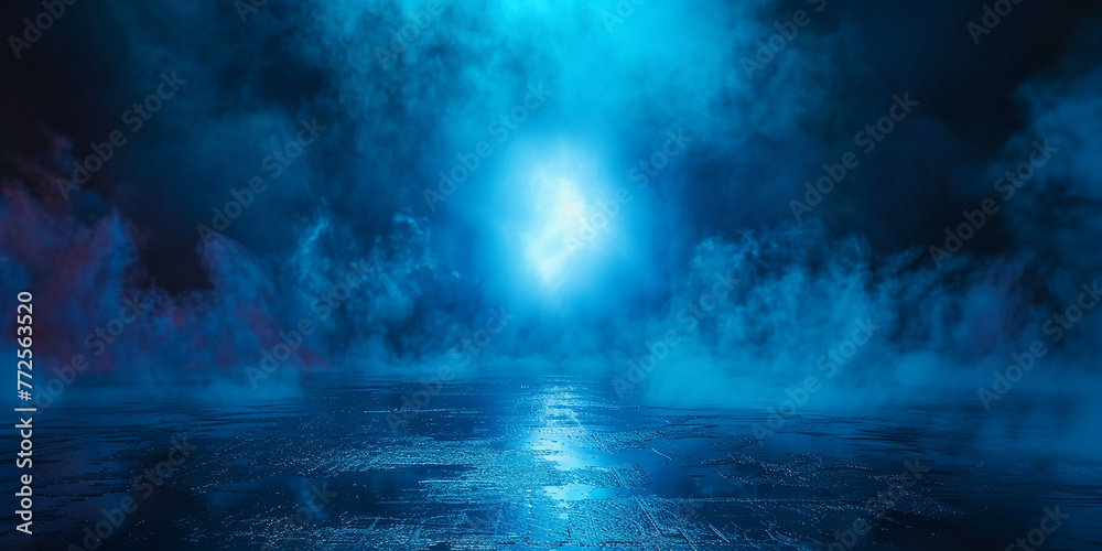 3D rendering abstract dark empty scene blue neon searchlight light wet asphalt smoke on black background AI-generated Image