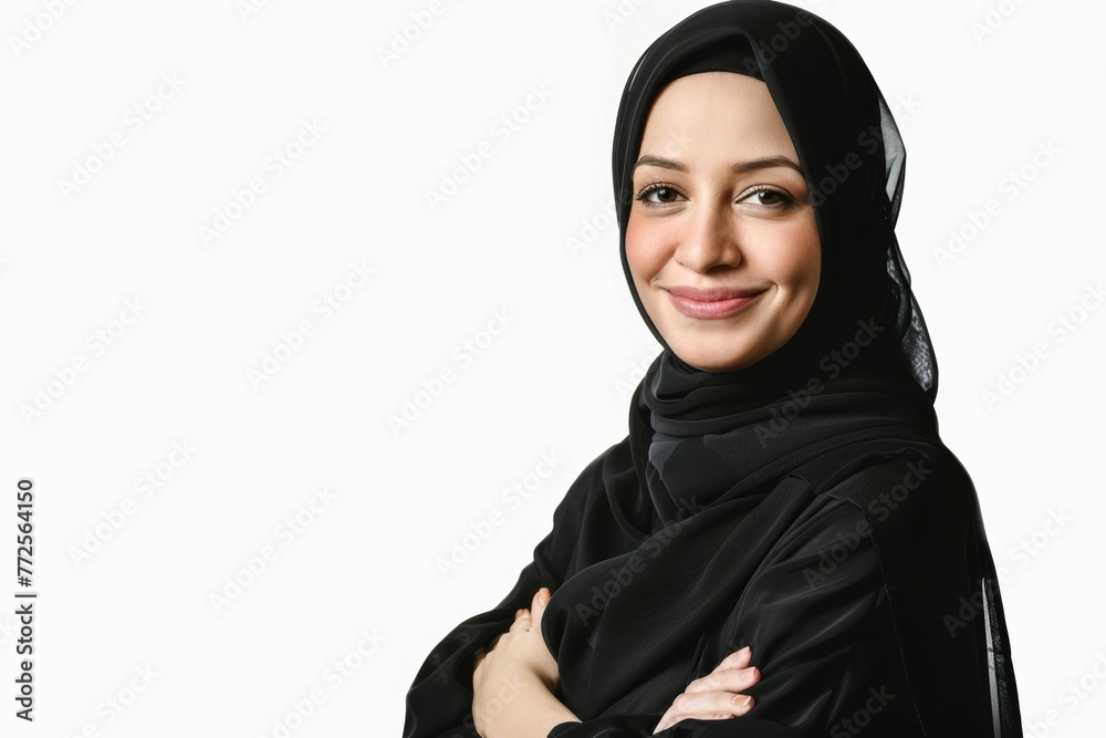 A woman wearing a black scarf and a black dress is smiling A woman wearing a black scarf and a black dress is smiling