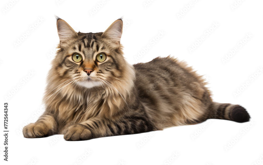 A majestic long haired cat luxuriously lounges on a pristine white background