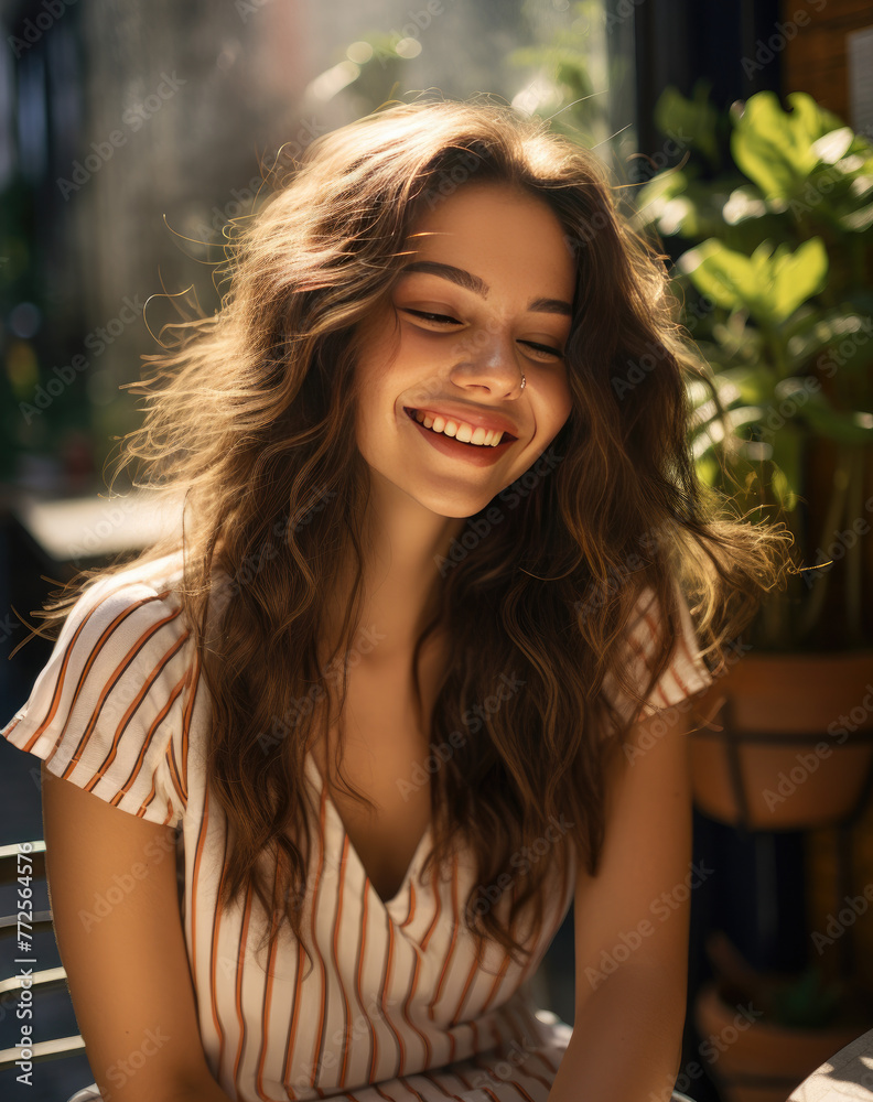 Close-up of beautiful, feminine, smiling and charming white girl in elegant striped dress, sitting against caffee tabletop with happy, excited and surprised face expression. Close-up of beautiful, feminine, smiling and charming white girl in elegant striped dress, sitting against caffee tabletop with happy, excited and surprised face expression.