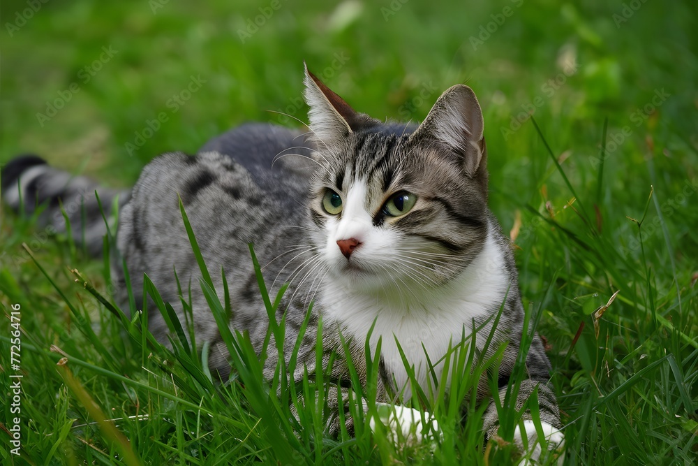 Cat lying on garden grass, enjoying a peaceful day Cat lying on garden grass, enjoying a peaceful day