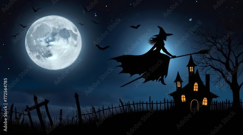 Full moon with silhouette of witch flying on a broom. Spooky witchcraft ...