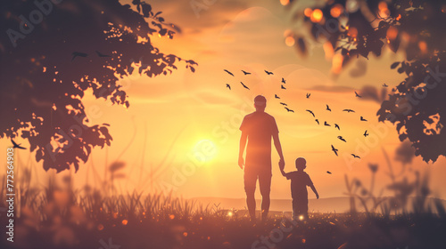 a silhouette of a father and son strolls through the tranquil beauty of nature #772564903
