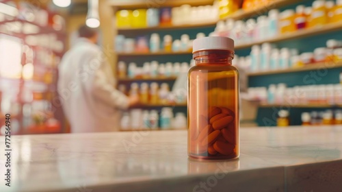 Pill bottle mock up in pharmacy. Background concept