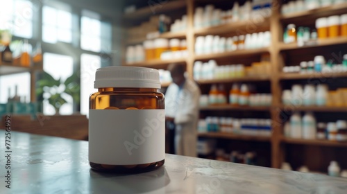 Pill bottle mock up in pharmacy. Background concept photo