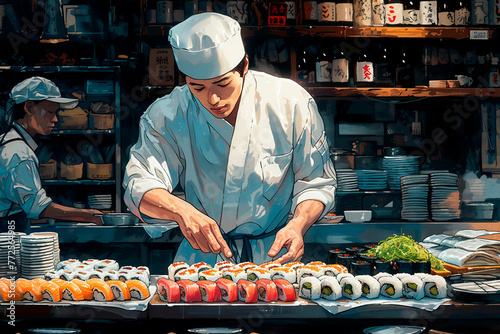 Handsome Asian chef cooking in kitchen