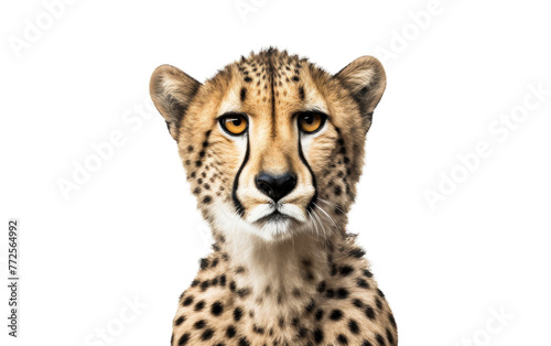 A cheetah sits in a regal manner, looking directly at the camera with intense focus
