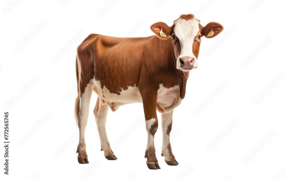 A serene brown and white cow peacefully standing in front of a white backdrop