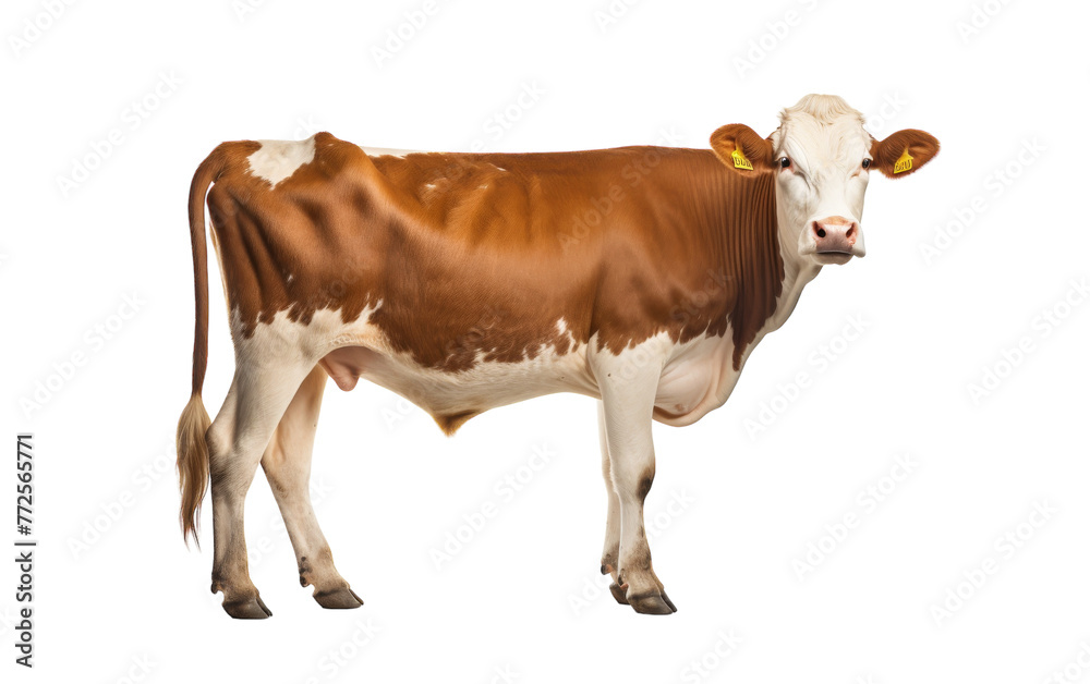 A brown and white cow stands gracefully against a white backdrop