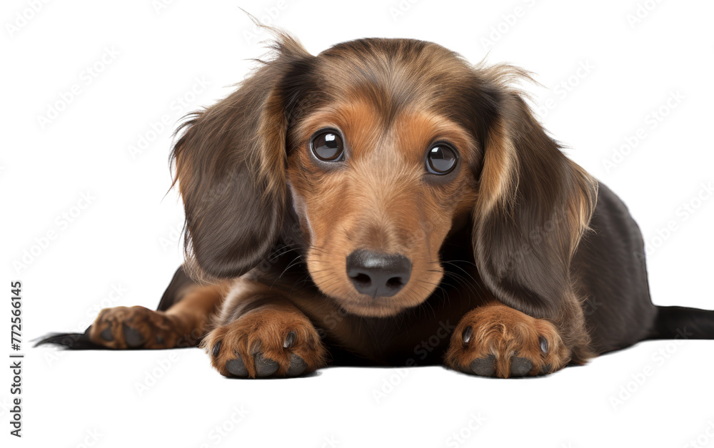 A cute dachshund puppy with brown and black fur is relaxing and laying down peacefully