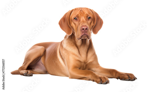 Large brown dog peacefully laying on top of a pristine white floor