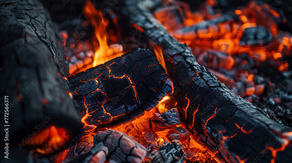 a close-up view of burning wood logs. The logs appear dark and charred, indicating they have been burning for some time.