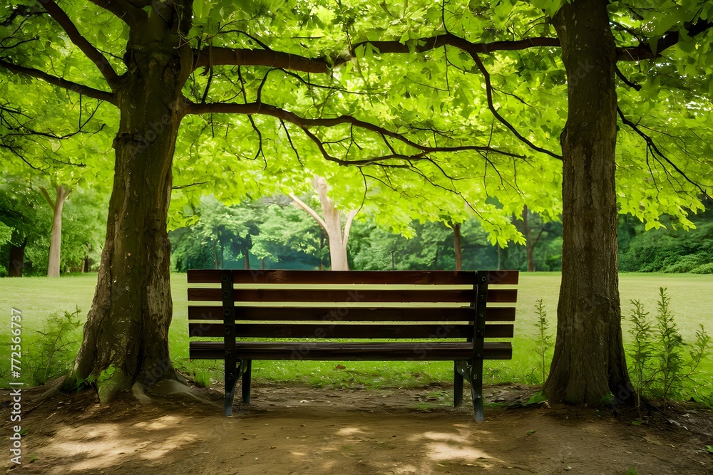 Empty wooden bench invites relaxation in summer park setting