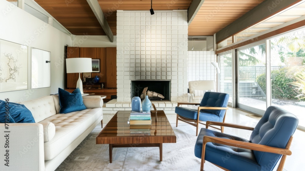 Elegant mid-century modern home interior with stylish furnishings Elegant mid-century modern home interior with stylish furnishings