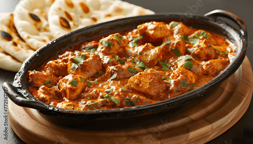 Picture a sizzling platter of aromatic and flavorful chicken tikka masala with tender chunks of gri Generative AI