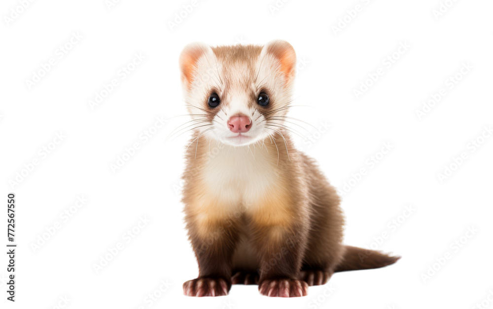 A brown and white ferret perches elegantly atop a white floor A brown and white ferret perches elegantly atop a white floor