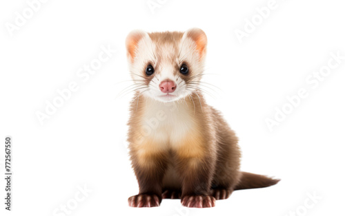 A brown and white ferret perches elegantly atop a white floor photo