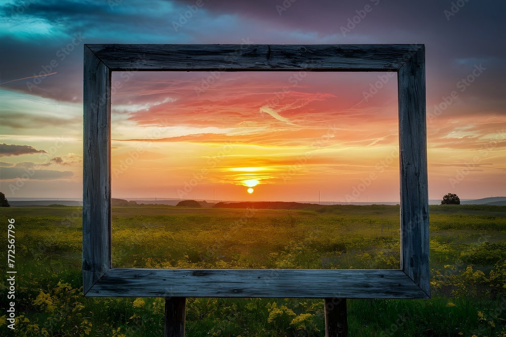 Frame Beautiful sunset sky showcases vibrant colors over landscape