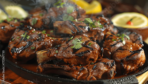 Picture a sizzling plate of succulent tandoori lamb chops marinated in a blend of aromatic spices a Generative AI