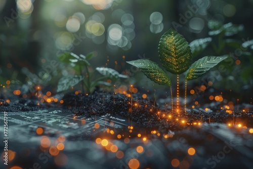 A bioluminescent plant lights up financial papers against a natural backdrop, symbolizing natural business solutions.