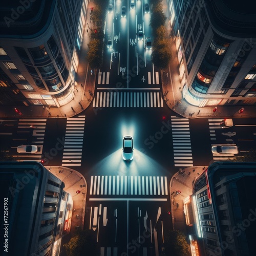 A drone captures an aerial perspective of a car with illuminated headlights traversing a pedestrian crosswalk during the nighttime. photo