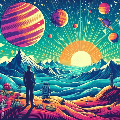 A vector illustration depicts a human embarking on an adventure on a mysterious planet, gazing in awe at the wonders of the cosmos. The landscape of the planet is depicted in a vibrant pop art style photo